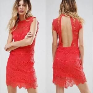 NWT Free People Daydream Sz M Bodycon Lace Mini Open Back Dress, Cherry Red